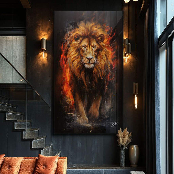 Quadro Decorativo Leão Flamejante: Imagem de Poder - quadros decorativos para sala 1 Tela Vertical, 3 Telas - em ambiente decorado