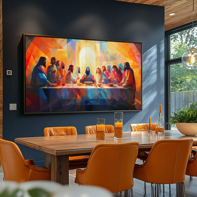 Quadro Decorativo Santa Ceia Geométrica: Toque Moderno - quadros decorativos para sala 1 Tela, 1 Tela Horizontal - em ambiente decorado