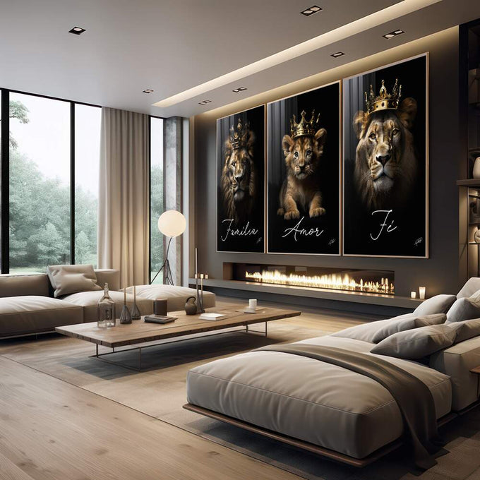 Quadro Decorativo Majestoso Leão com Coroa: Inspire-se! - quadros decorativos para sala 1 Tela Vertical, 3 Telas - em quarto contemporaneo