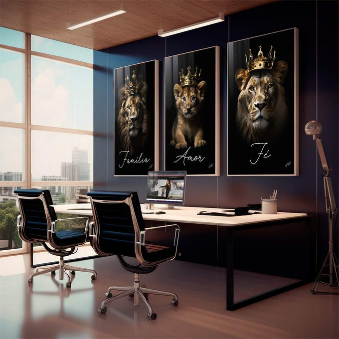 Quadro Decorativo Majestoso Leão com Coroa: Inspire-se! - quadros decorativos para sala 1 Tela Vertical, 3 Telas - em living room premium