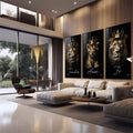 Quadro Decorativo Majestoso Leão com Coroa: Inspire-se! - quadros decorativos 1 Tela Vertical, 3 Telas - em sala moderna