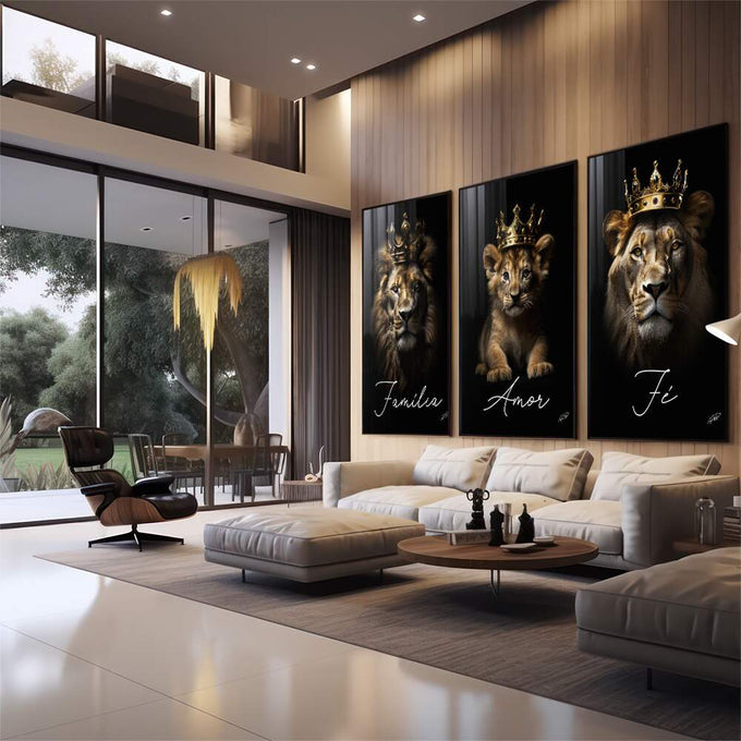Quadro Decorativo Majestoso Leão com Coroa: Inspire-se! - quadros decorativos 1 Tela Vertical, 3 Telas - em sala moderna