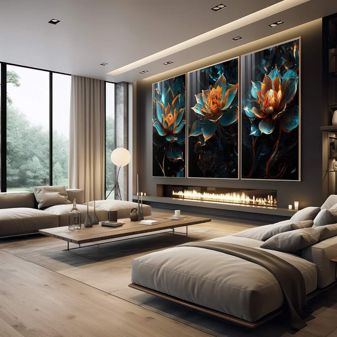 Quadro Decorativo Elegante Flor de Lótus: Toque de Paz - quadros decorativos para sala 1 Tela Vertical, 3 Telas - em quarto contemporaneo
