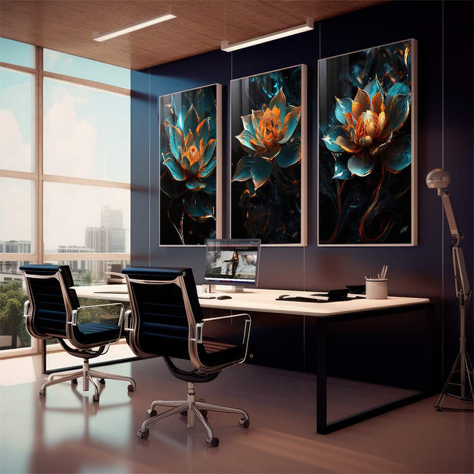 Quadro Decorativo Elegante Flor de Lótus: Toque de Paz - quadros decorativos para sala 1 Tela Vertical, 3 Telas - em living room premium