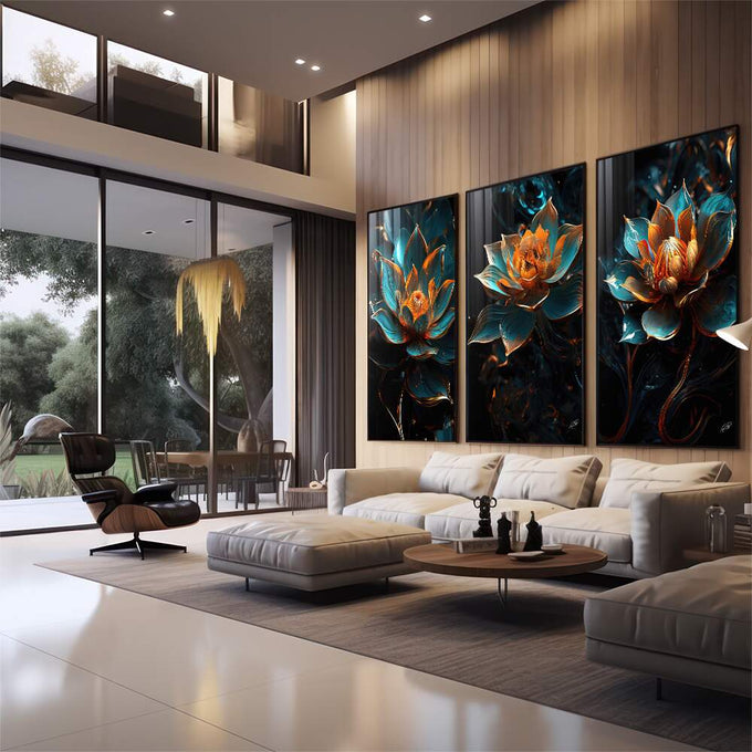 Quadro Decorativo Elegante Flor de Lótus: Toque de Paz - quadros decorativos 1 Tela Vertical, 3 Telas - em sala moderna