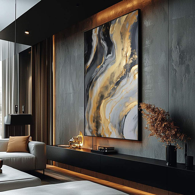 Quadro Decorativo Abstrato Golden: Luxo e Sofisticação - quadros decorativos para sala 1 Tela Vertical, 3 Telas - em ambiente decorado