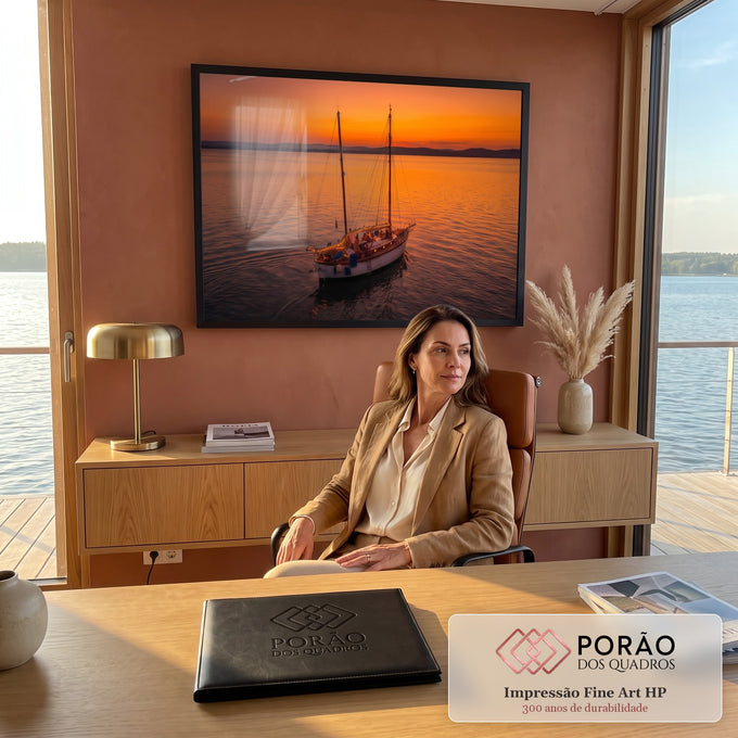 Quadro Decorativo Grande Veleiro Iluminado para Sala Laranja | quadros decorativos | veleiro de dois mastros iluminado com luzes, ancorado em mar calmo ao pôr do sol laranja | em ambiente 2 | Porao dos Quadros