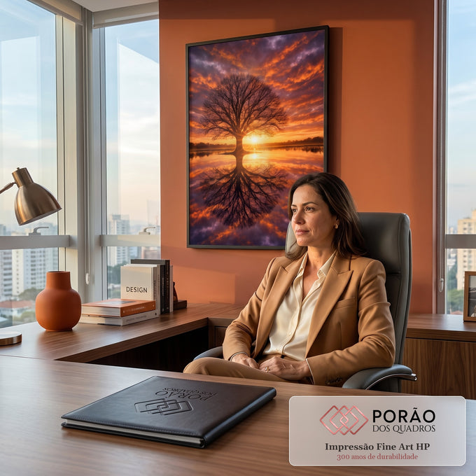 Quadro Decorativo Grande Árvore Refletida Laranja para Sala | quadros decorativos | árvore sem folhas refletida na água sob céu alaranjado de pôr do sol | em ambiente 2 | Porao dos Quadros