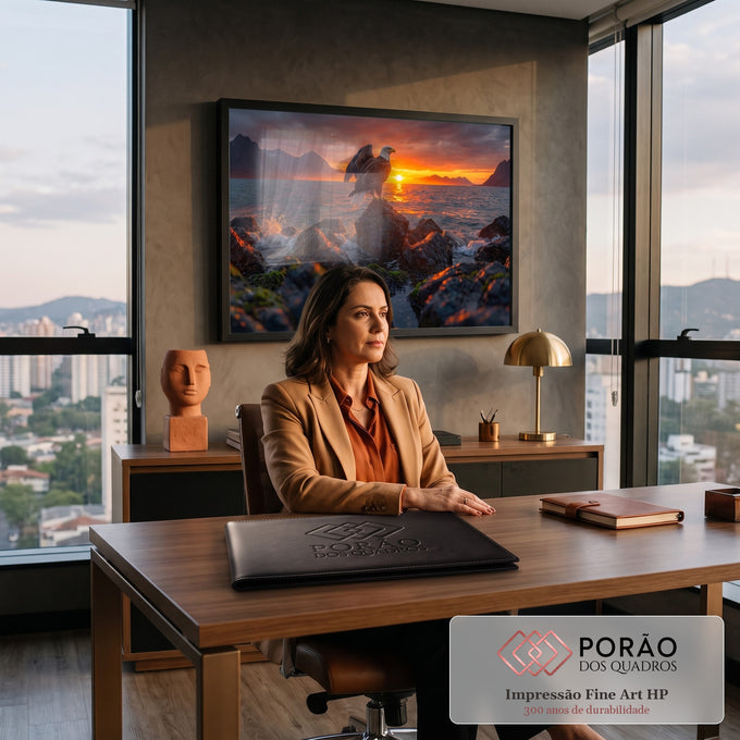 Quadro Decorativo Grande Águia Pôr do Sol para Sala Laranja | quadros decorativos | águia pousada em rocha com pôr do sol laranja e montanhas ao fundo | em ambiente 2 | Porao dos Quadros