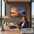 Quadro Decorativo Grande Árvore e Barco para Sala Laranja | quadros decorativos | árvore de raízes expostas com barco de madeira à beira de rio ao pôr do sol | em ambiente 2 | Porao dos Quadros
