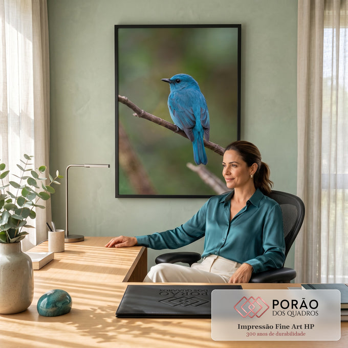 Pássaro azul turquesa pousado em galho seco com fundo verde desfocado, fotografia, quadro decorativo