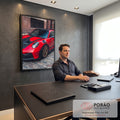 Porsche 911 GT3 RS vermelho com capô de carbono e rodas bronze em rua de paralelepípedos, quadro decorativo