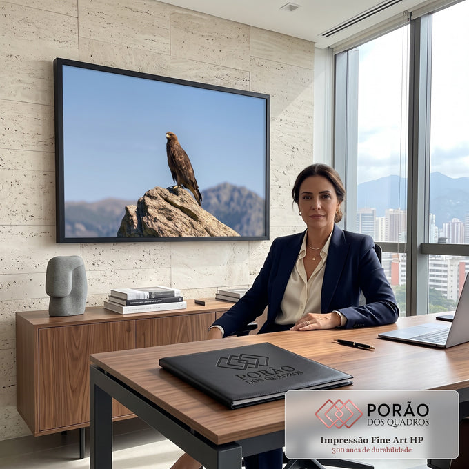 Quadro Decorativo Águia Dourada sobre Rocha com Céu Azul | quadros decorativos | águia dourada empoleirada em rocha com céu azul e montanhas ao fundo | em Quadros para Escritorio | Porao dos Quadros