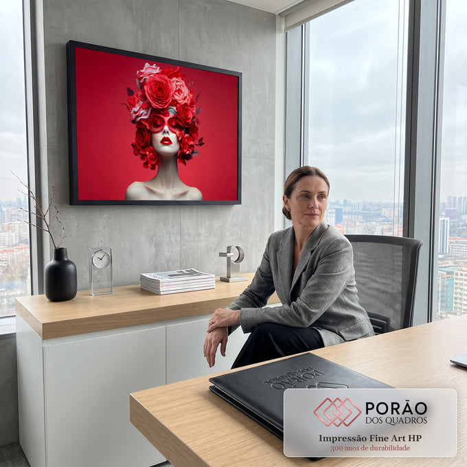 Mulher de óculos e lábios vermelhos com cabeça coberta de rosas em fundo vermelho, quadro decorativo