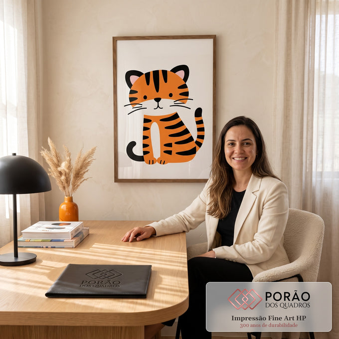 Ilustração de tigrinho laranja com listras pretas sentado em fundo creme, quadro decorativo