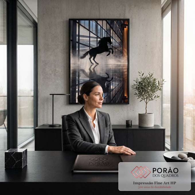 Silhueta preta de cavalo empinado com reflexo em piso espelhado de prédio de vidro e névoa, quadro decorativo