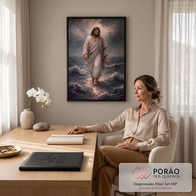 Quadro Decorativo Grande Jesus Caminhando Bege para Sala | quadros decorativos | homem de manto branco caminhando sobre o mar com brilho ao redor da cabeça | em ambiente 2 | Porao dos Quadros