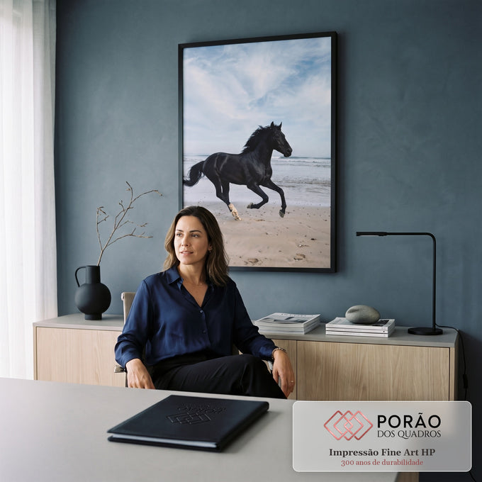 Quadro Decorativo Grande Cavalo Galopando Preto para Sala | quadros decorativos | cavalo preto galopando na beira do mar com crina ao vento e ondas ao fundo | em ambiente 2 | Porao dos Quadros