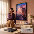 Moinhos de vento de pedra iluminados, café ao ar livre e céu laranja e roxo ao pôr do sol, quadro decorativo