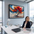 Pintura de árvore de folhas vermelhas com cavalo branco e redemoinhos azuis e laranja, quadro decorativo