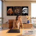 Quadro Decorativo Kit 3 Telas Cavalo Leão e Águia para Sala | quadros decorativos | três retratos de animais, cavalo castanho, leão com juba e águia em preto e branco | em ambiente 2 | Porao dos Quadros