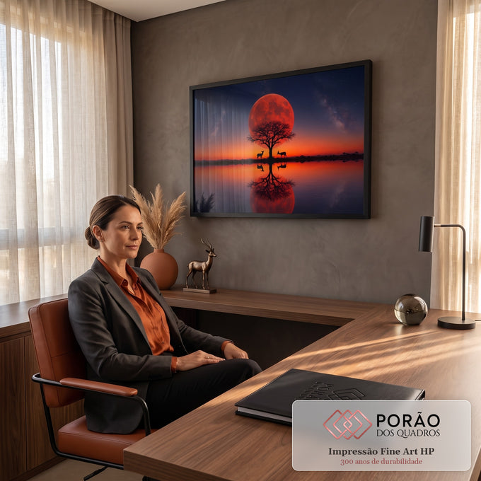 Quadro Decorativo Grande Lua Vermelha Árvore para Sala | quadros decorativos | lua vermelha gigante atrás de árvore seca com gazelas refletidas em lago ao entardecer | em ambiente 2 | Porao dos Quadros