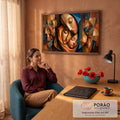 Quadro Decorativo Grande Três Rostos para Sala Marrom | quadros decorativos | três rostos femininos sobrepostos em estilo cubista com véu azul e tons terrosos | em ambiente 2 | Porao dos Quadros