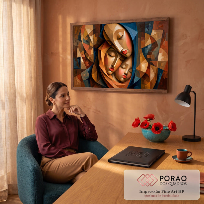 Quadro Decorativo Grande Três Rostos para Sala Marrom | quadros decorativos | três rostos femininos sobrepostos em estilo cubista com véu azul e tons terrosos | em ambiente 2 | Porao dos Quadros