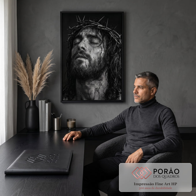 Quadro Decorativo Grande Jesus Espinhos para Sala Preto | quadros decorativos | retrato de Jesus Cristo em preto e branco com coroa de espinhos e olhos fechados | em ambiente 2 | Porao dos Quadros