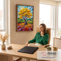 Quadro Decorativo Grande Árvore Amarela de Van para Sala | quadros decorativos | árvore de folhas douradas com céu turquesa em espiral e casa ao fundo | em ambiente 2 | Porao dos Quadros