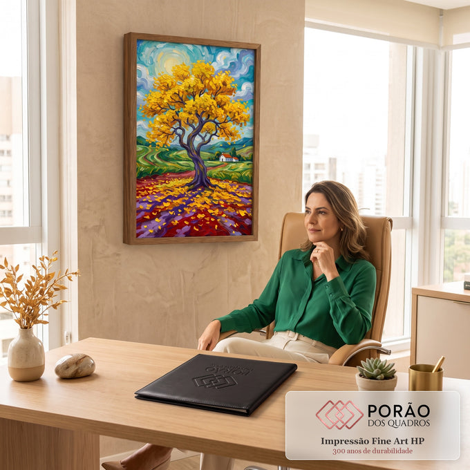 Quadro Decorativo Grande Árvore Amarela de Van para Sala | quadros decorativos | árvore de folhas douradas com céu turquesa em espiral e casa ao fundo | em ambiente 2 | Porao dos Quadros