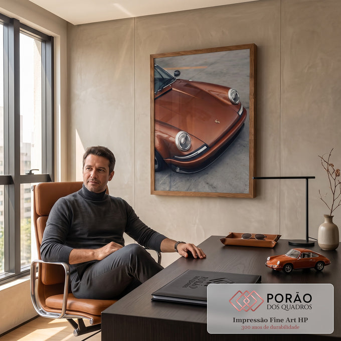Porsche 911 clássico cobre metálico com faróis redondos sobre piso de concreto, quadro decorativo