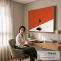 Dois homens de terno e carro antigo em fundo laranja e branco, estilo noir minimalista, quadro decorativo