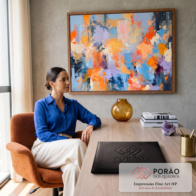 Quadro Decorativo Grande Abstrato em Azul para Sala Laranja | quadros decorativos | pintura abstrata com texturas de laranja, azul e roxo em pinceladas espessas | em ambiente 2 | Porao dos Quadros