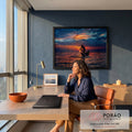 Quadro Decorativo Grande Pescador ao Pôr do Sol para Sala | quadros decorativos | pescador em silhueta puxando rede ao pôr do sol com céu laranja e azul | em ambiente 2 | Porao dos Quadros