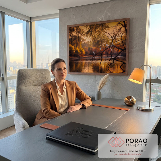 Garças brancas pousadas em galho seco sobre rio com reflexo dourado e mata ao entardecer, quadro decorativo