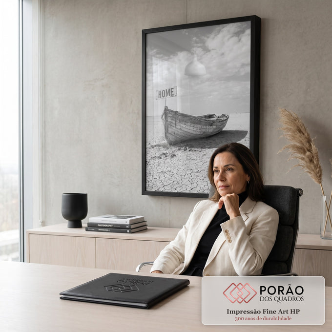 Barco de madeira envelhecido com placa HOME sobre terra rachada em preto e branco, quadro decorativo