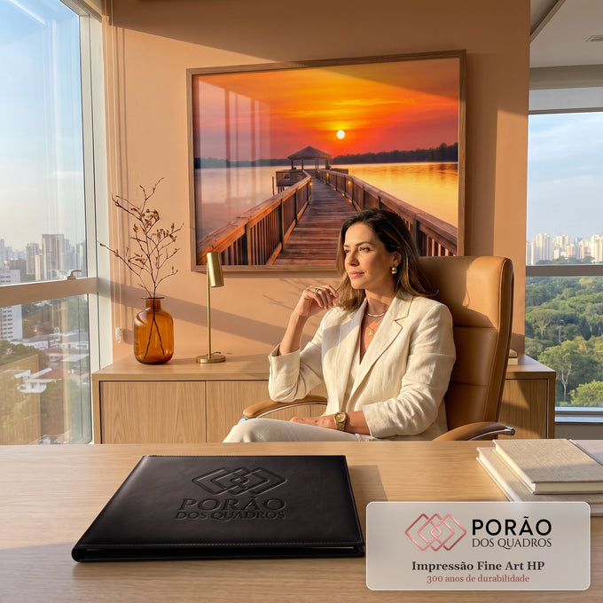 Píer de madeira com quiosque sobre lago calmo sob céu laranja de pôr do sol, quadro decorativo