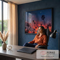 Quadro Decorativo Grande Palmeiras para Sala Laranja | quadros decorativos | palmeiras em silhueta contra céu laranja e azul com lua crescente e bando de pássaros | em ambiente 2 | Porao dos Quadros