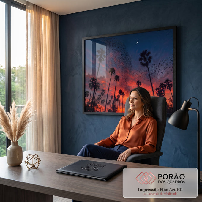 Quadro Decorativo Grande Palmeiras para Sala Laranja | quadros decorativos | palmeiras em silhueta contra céu laranja e azul com lua crescente e bando de pássaros | em ambiente 2 | Porao dos Quadros