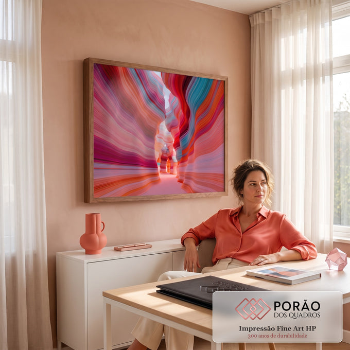 Quadro Decorativo Grande Cânion Abstrato Vermelho para Sala | quadros decorativos | cânion abstrato com paredes onduladas em listras de vermelho, rosa, laranja e turquesa | em ambiente 2 | Porao dos Quadros
