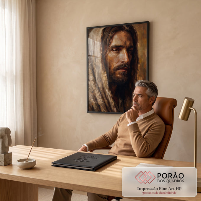Quadro Decorativo Grande Retrato de Jesus Marrom para Sala | quadros decorativos | retrato de Jesus Cristo com manto bege, barba escura e olhar sereno | em ambiente 2 | Porao dos Quadros