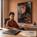 Quadro Decorativo Retrato de Jovem com Manto Tecido Colorido | quadros decorativos | retrato de jovem com sardas e manto de lã colorido sob luz dourada | em Quadros para Escritorio | Porao dos Quadros