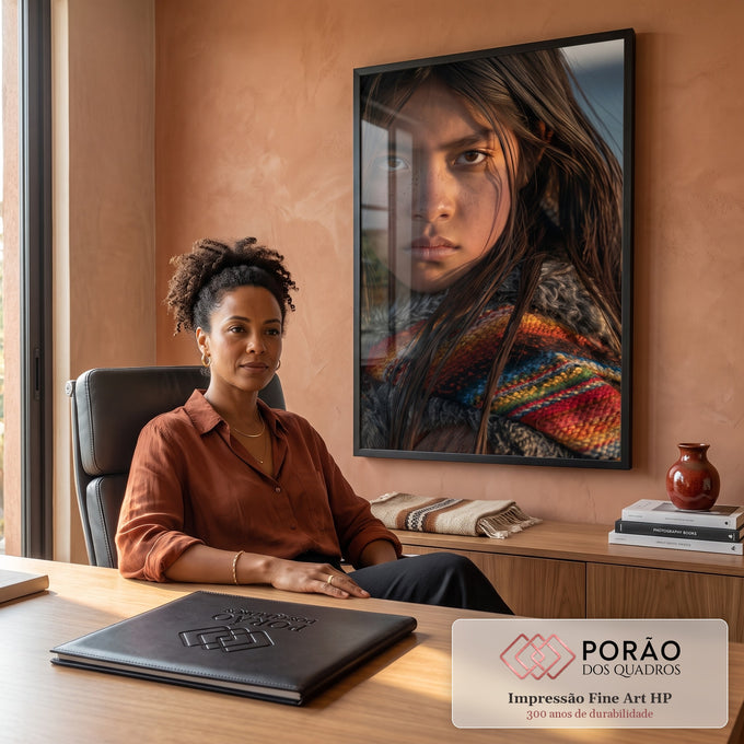 Quadro Decorativo Retrato de Jovem com Manto Tecido Colorido | quadros decorativos | retrato de jovem com sardas e manto de lã colorido sob luz dourada | em Quadros para Escritorio | Porao dos Quadros