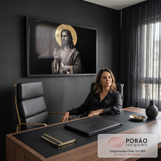 Jesus Cristo abençoando com pergaminho, auréola dourada Alfa e Ômega sobre fundo preto, quadro decorativo