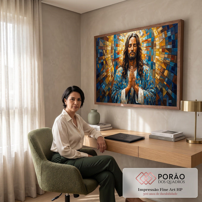 Jesus de olhos fechados e mãos postas em oração, estilo vitral mosaico azul e dourado, quadro decorativo