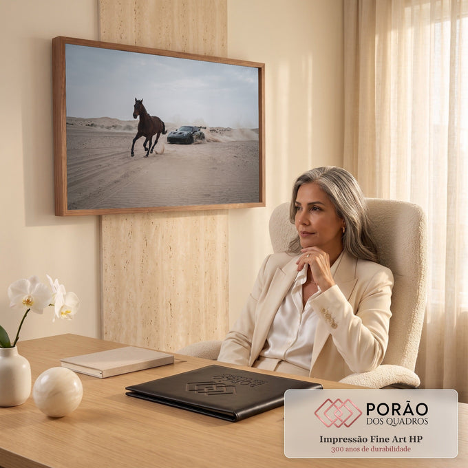 Quadro Decorativo Grande Cavalo Galopando para Sala Bege | quadros decorativos | cavalo marrom galopando em deserto com carro esportivo derrapando ao fundo | em ambiente 2 | Porao dos Quadros