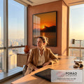 Pôr do sol laranja atrás do Corcovado com Cristo Redentor e reflexo no mar do Rio, quadro decorativo