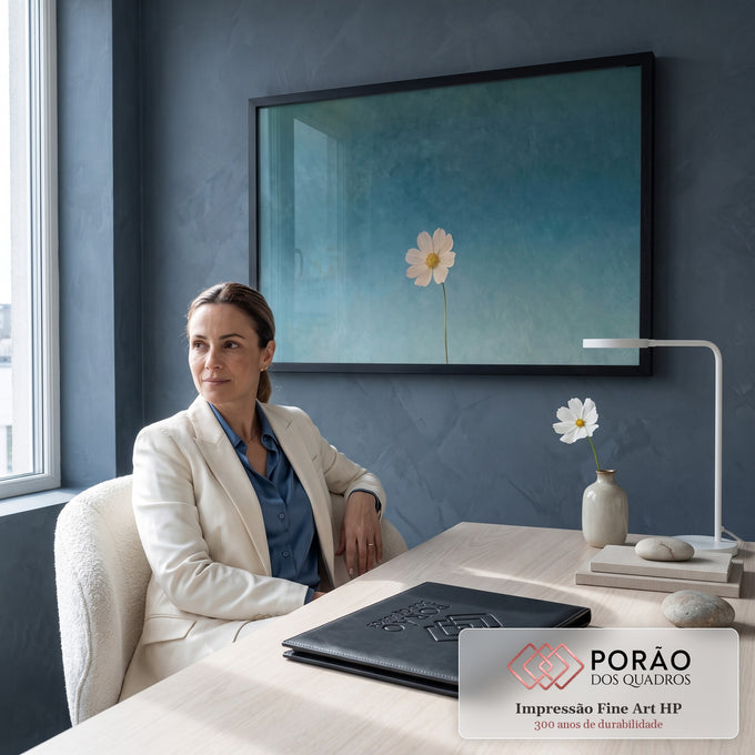 Quadro Decorativo Grande Flor Branca para Sala Azul | quadros decorativos | flor branca solitária com centro amarelo sobre fundo azul texturizado | em ambiente 2 | Porao dos Quadros