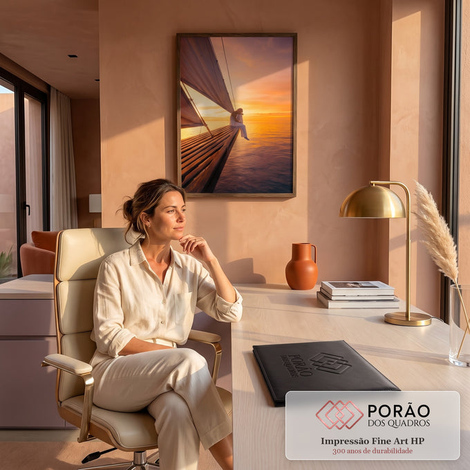 Mulher sentada na proa de veleiro sobre o mar ao pôr do sol em tons laranja, quadro decorativo